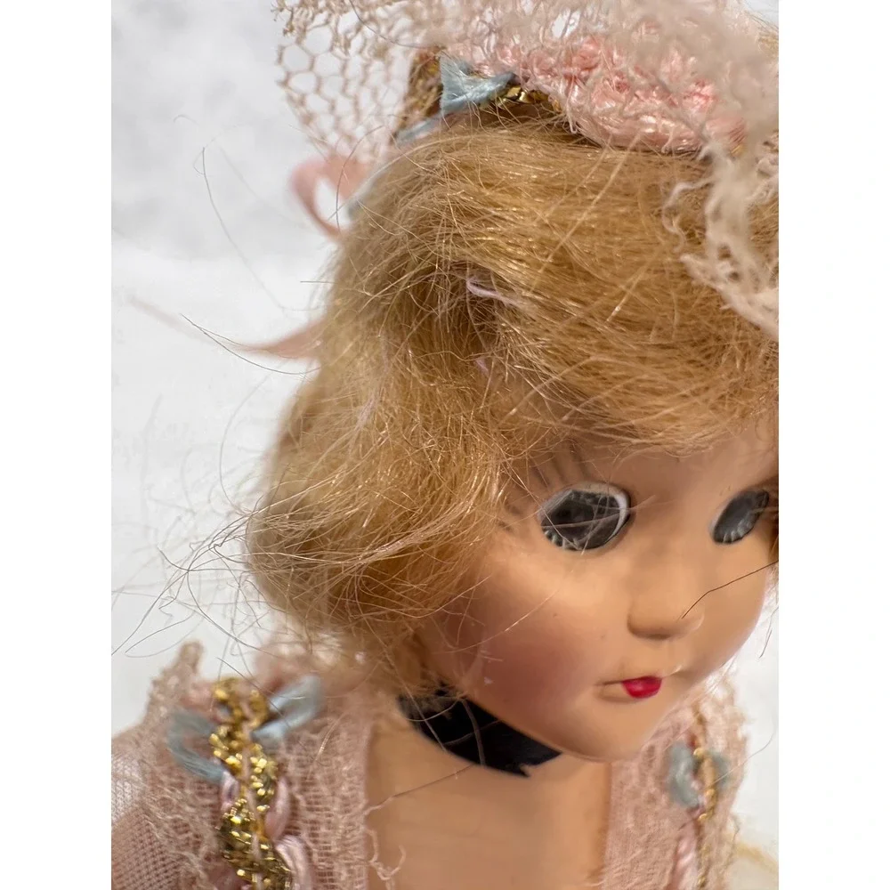 Vintage 7.5 Inch Plastic Doll Polka Dot Tulle Gown Pink Lace Trim Pink Satin